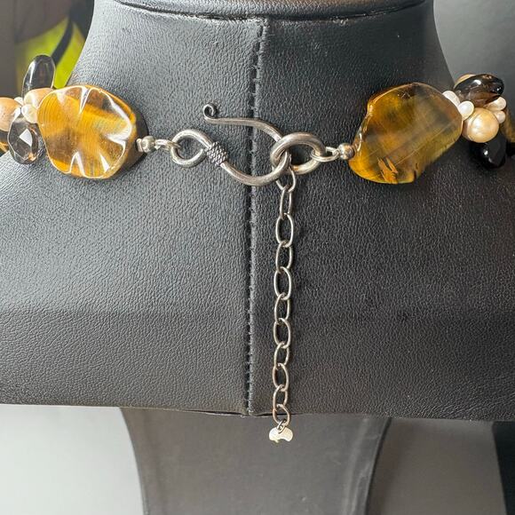 Chunky Tiger Eye and Pearl Necklace 18"/2" - Picture 2 of 4